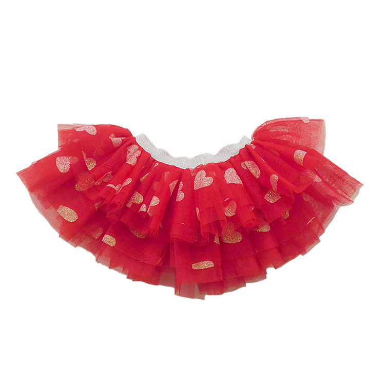11036-Girls Red Ruffled Tulle Skirt with Gold Glitter Hearts