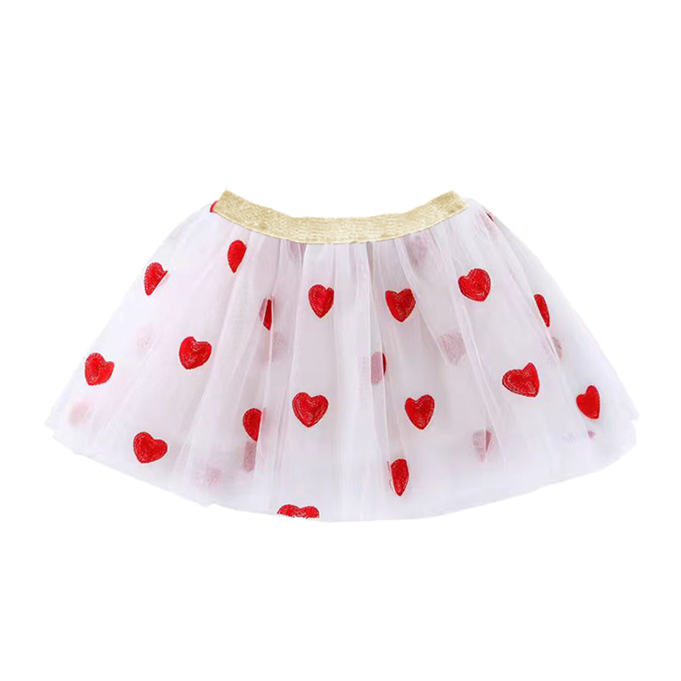 11037-Girls White Tulle Skirt with Red Glitter Hearts