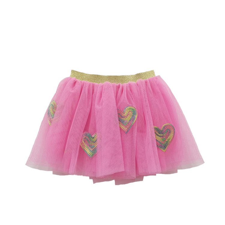 11038-Girls Pink Tulle Skirt with Rainbow Sequin Hearts