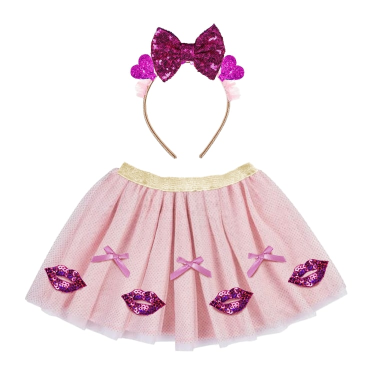 13024-Girls Pink Sequin Lips Tutu Skirt & Glitter Bow Headband Set