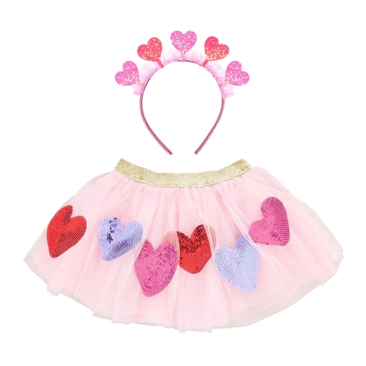13025-Girls Rainbow Sequin Heart Tutu Skirt & Glitter Heart Headband Set