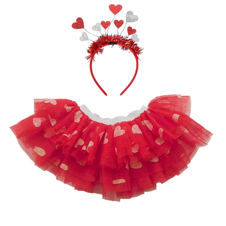13026-Girls Red Ruffled Tutu Skirt with Glitter Heart Headband Set