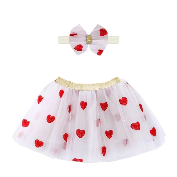 13027-Girls White Tulle Skirt with Red Glitter Hearts & Bow Headband Set