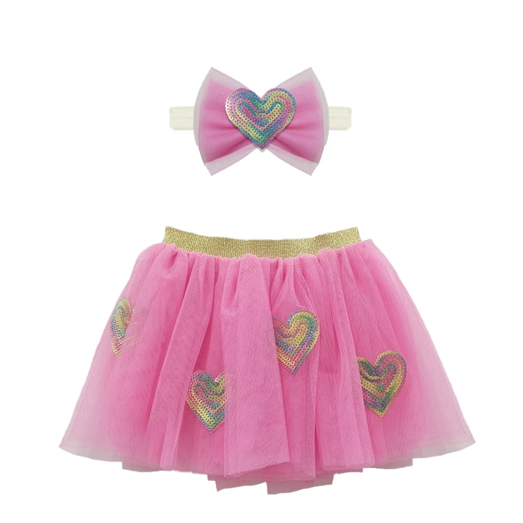 13028-Girls Pink Tutu Skirt with Rainbow Sequin Hearts & Matching Bow Headband