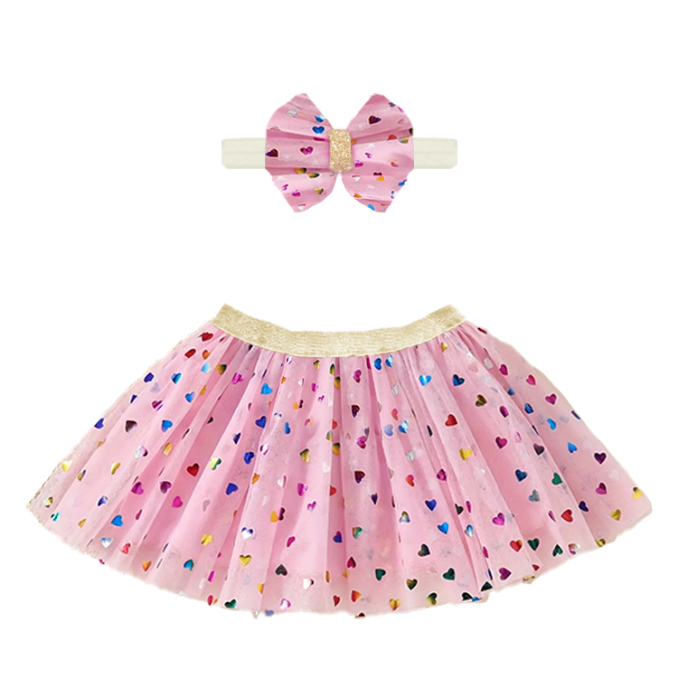 13029-Girls Pink Tutu Skirt with Multicolor Heart Print & Matching Bow Headband