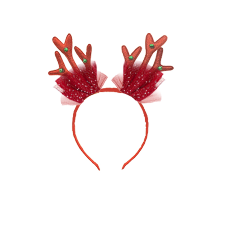 21004-Sparkle Reindeer Antler Headband – Red Tulle Christmas Hair Accessory