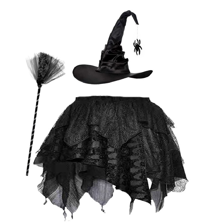 13031-Girls Gothic Witch Costume Set – Black Hat, Lace Skirt and Broom