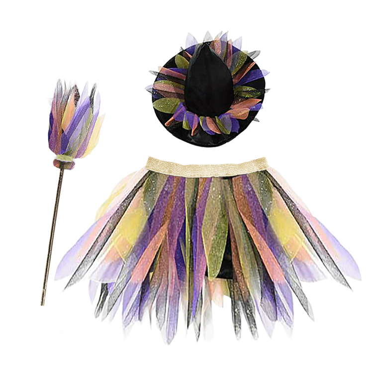 13033-Colorful Witch Costume Set with Wand – 3-Piece Halloween Outfit