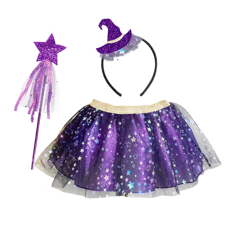 13034-Girls Sparkling Star Witch Fairy Costume – Headband, Wand & Tulle Skirt