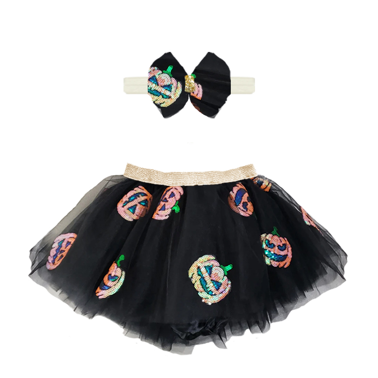 13038-Sequin Pumpkin Tutu Set – Black Halloween Headband & Skirt