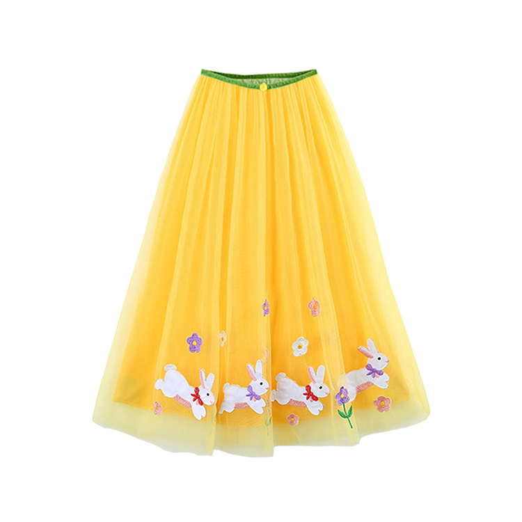 41003-Charming Yellow Tulle Skirt with Rabbit Embroidery