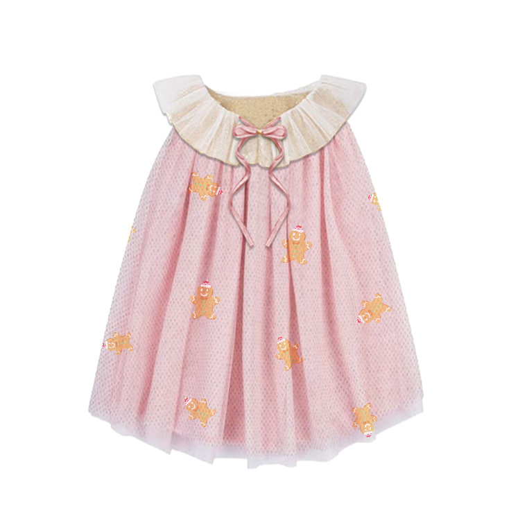 41006-Pink Tulle Dress with Gingerbread Man Embroidery