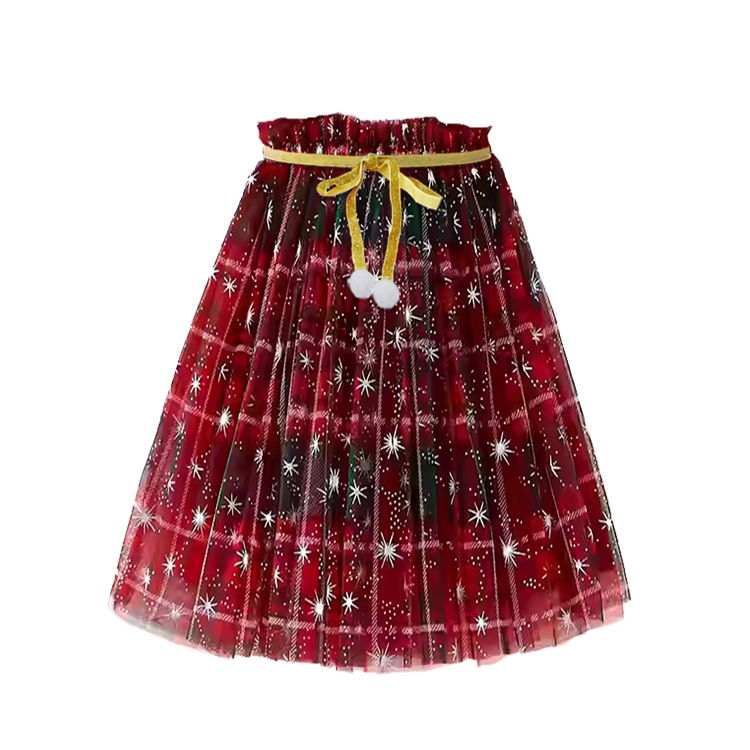 41007-Red Plaid Tulle Skirt with Star Pattern