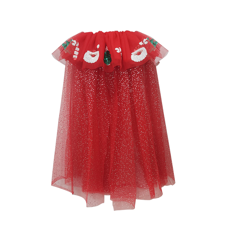 41008-Red Tulle Dress with Christmas - themed Embroidery