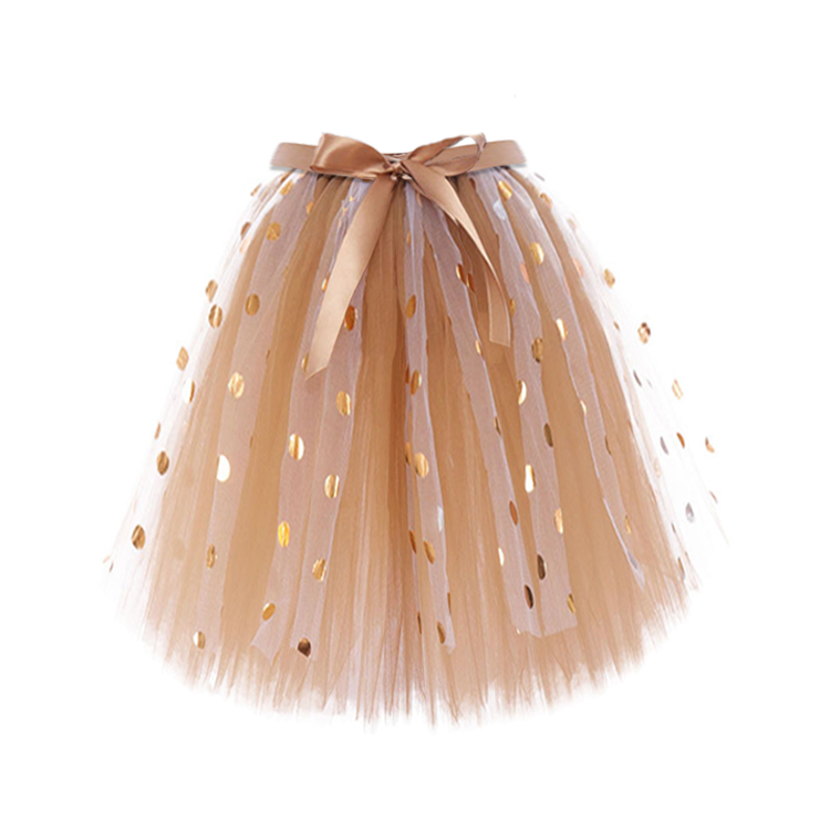 41011-Beige Tulle Skirt with Gold Polka Dots