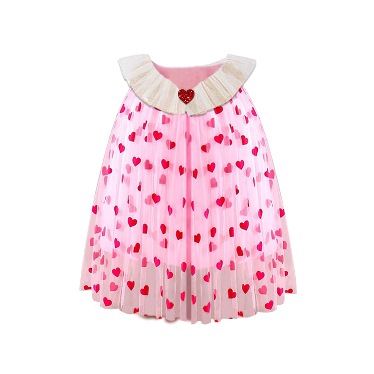 41017-Pink Heart - print Tulle Dress with Ruffled Collar