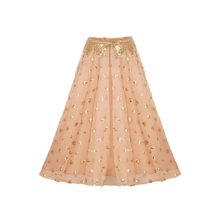 41018-Peach - colored Tulle Skirt with Gold Heart Embellishments