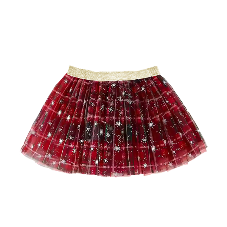 11045-Festive Red Plaid & Star Tulle Skirt for Girls