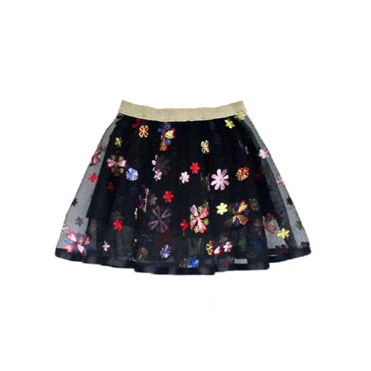 11054-Floral Embroidered Black Tulle Skirt