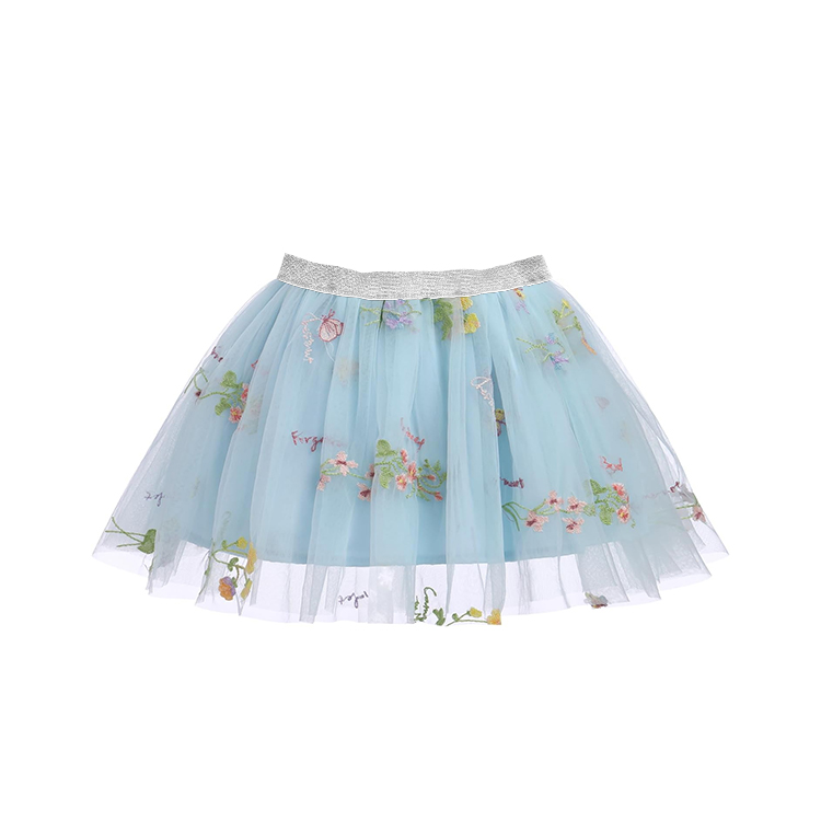11055-Dreamy Floral - Embroidered Light Blue Tulle Skirt