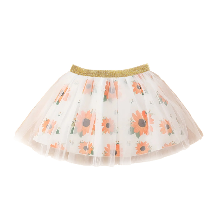 11056-Sunflower - Print White Tulle Skirt