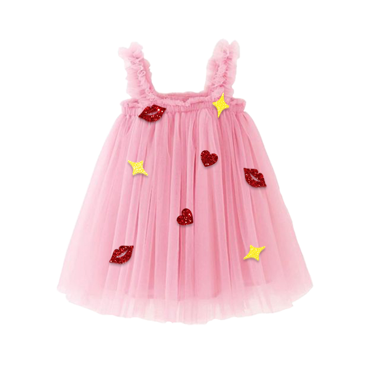 12017-Pink Tulle Dress with Glittery Lip and Star Decorations