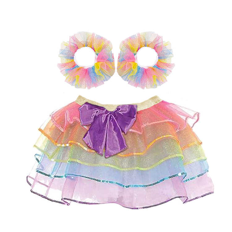 13041-Rainbow Layered Tulle Skirt with Matching Scrunchies Set