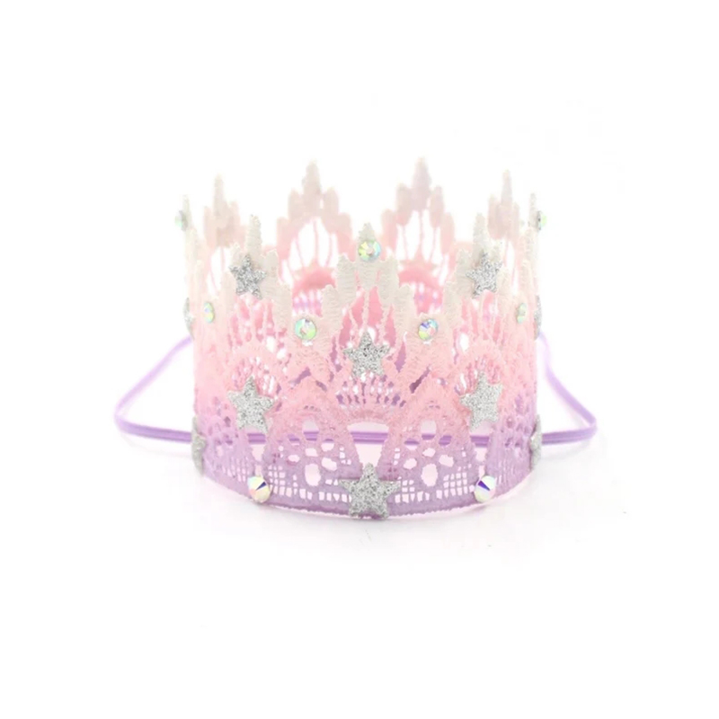 81006-Pink - Purple Gradient Lace Crown with Star and Rhinestone Accents