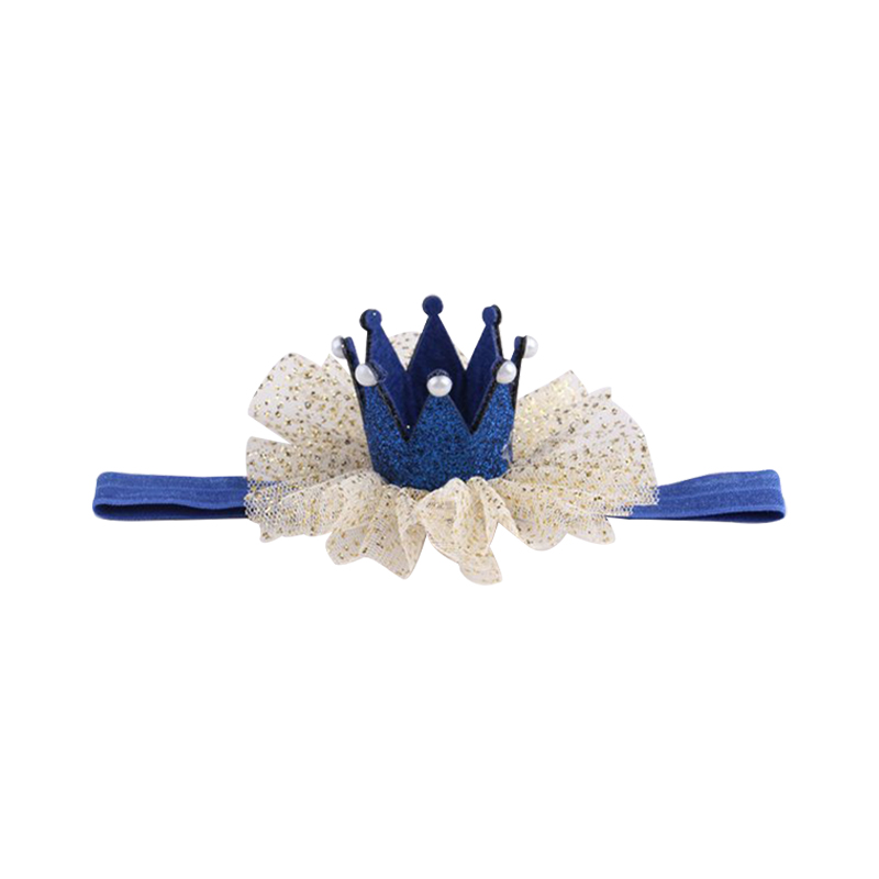 81009-Blue Velvet Crown Hairband with Tulle and Pearls