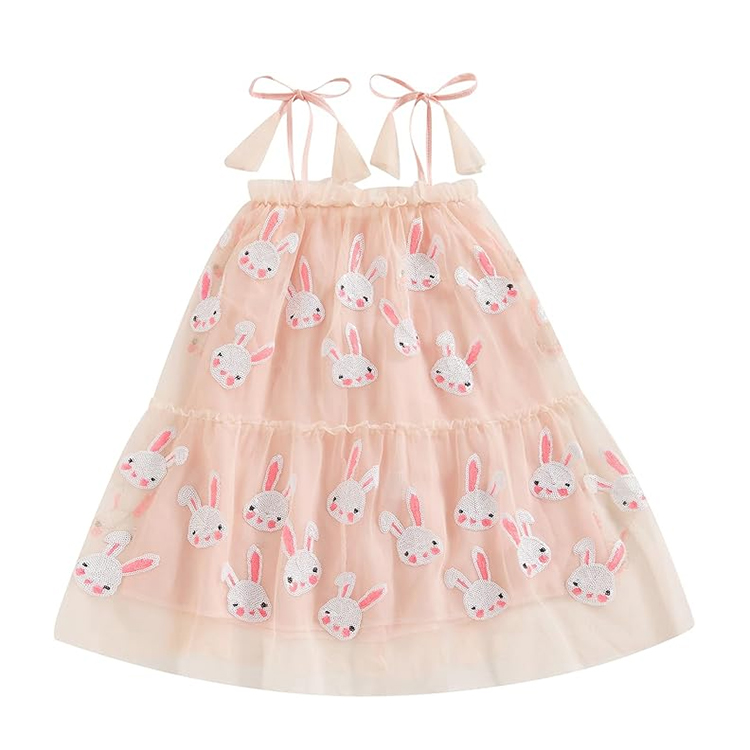 14012-Light Pink Rabbit - Embroidered Kids Sundress