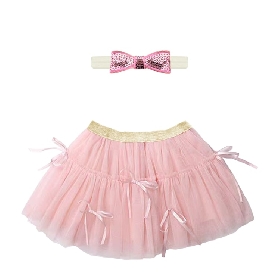 Girls Pink Bow Tulle Skirt & Sequin Headband Set