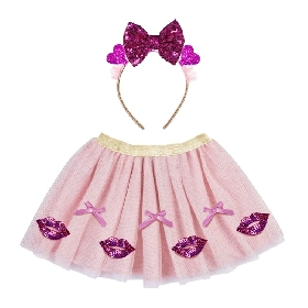 Girls Pink Sequin Lips Tutu Skirt & Glitter Bow Headband Set