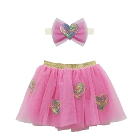 Girls Pink Tutu Skirt with Rainbow Sequin Hearts & Matching Bow Headband