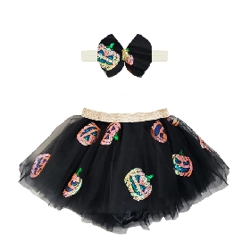 Sequin Pumpkin Tutu Set – Black Halloween Headband & Skirt