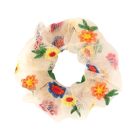 Floral Embroidered Mesh Scrunchie